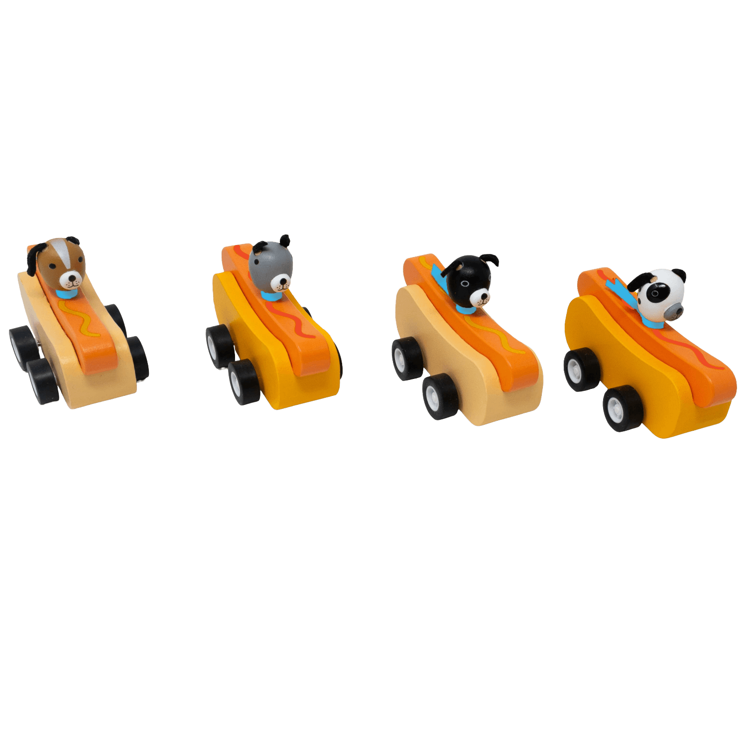 Four hot dog toy cars with dog figurine drivers.