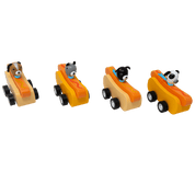 Four hot dog toy cars with dog figurine drivers.