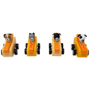 Four toy hot dog cars with dog faces as drivers.