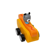 Toy hot dog car with a grey dog driver. 