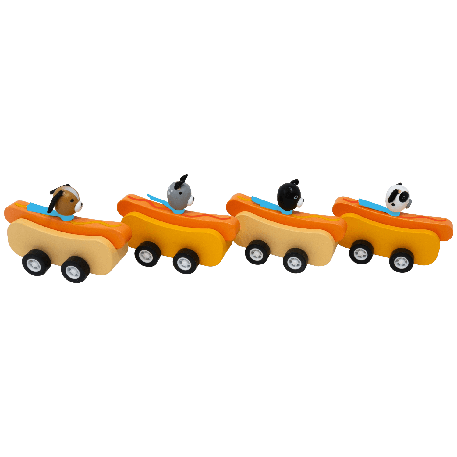 Toy hot dog car set with four cars each featuring a different dog.