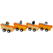 Toy hot dog car set with four cars each featuring a different dog.