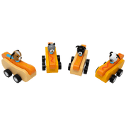 Four toy hot dog cars with dog drivers. 