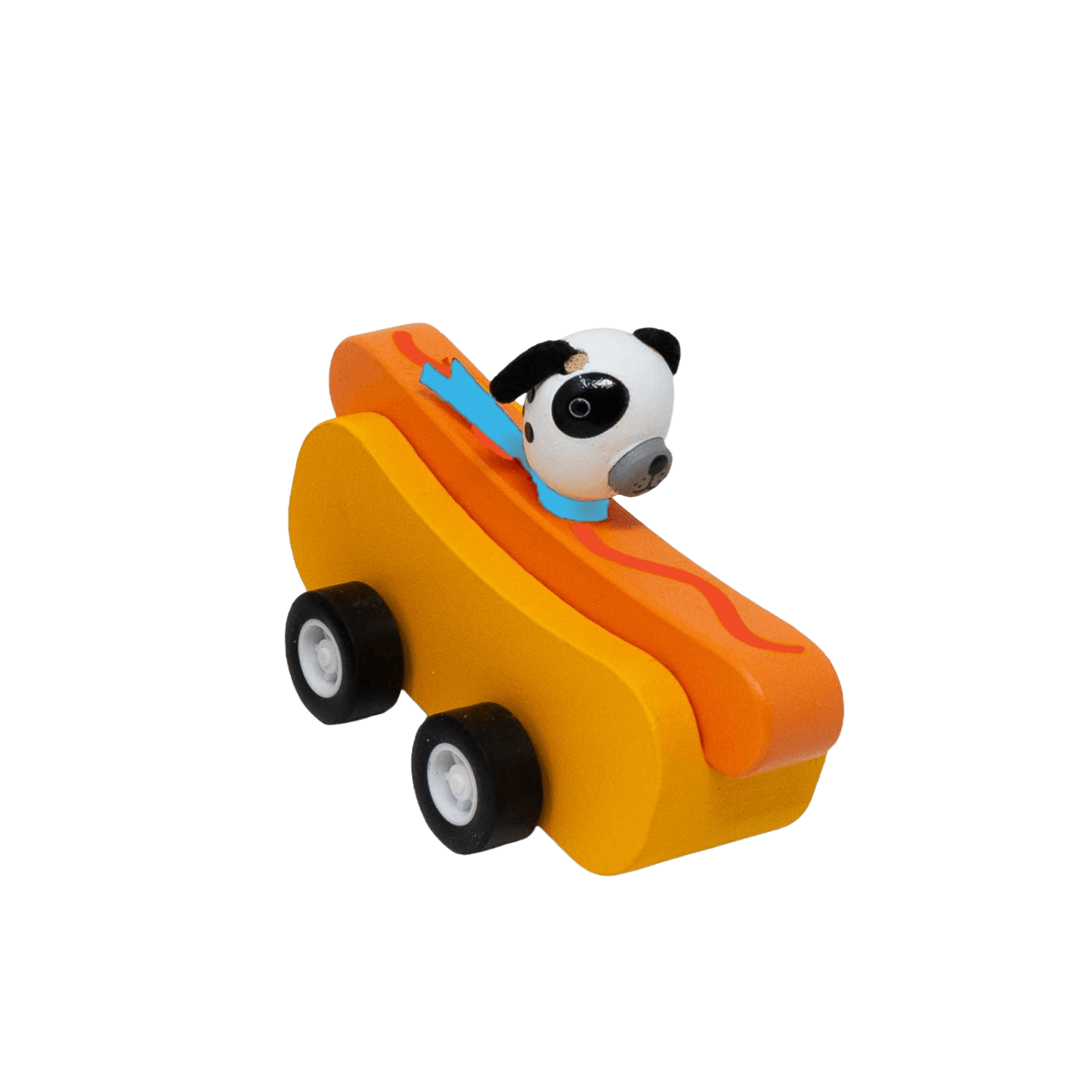 Toy hot dog car with a white dog driver. 