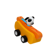Toy hot dog car with a white dog driver. 