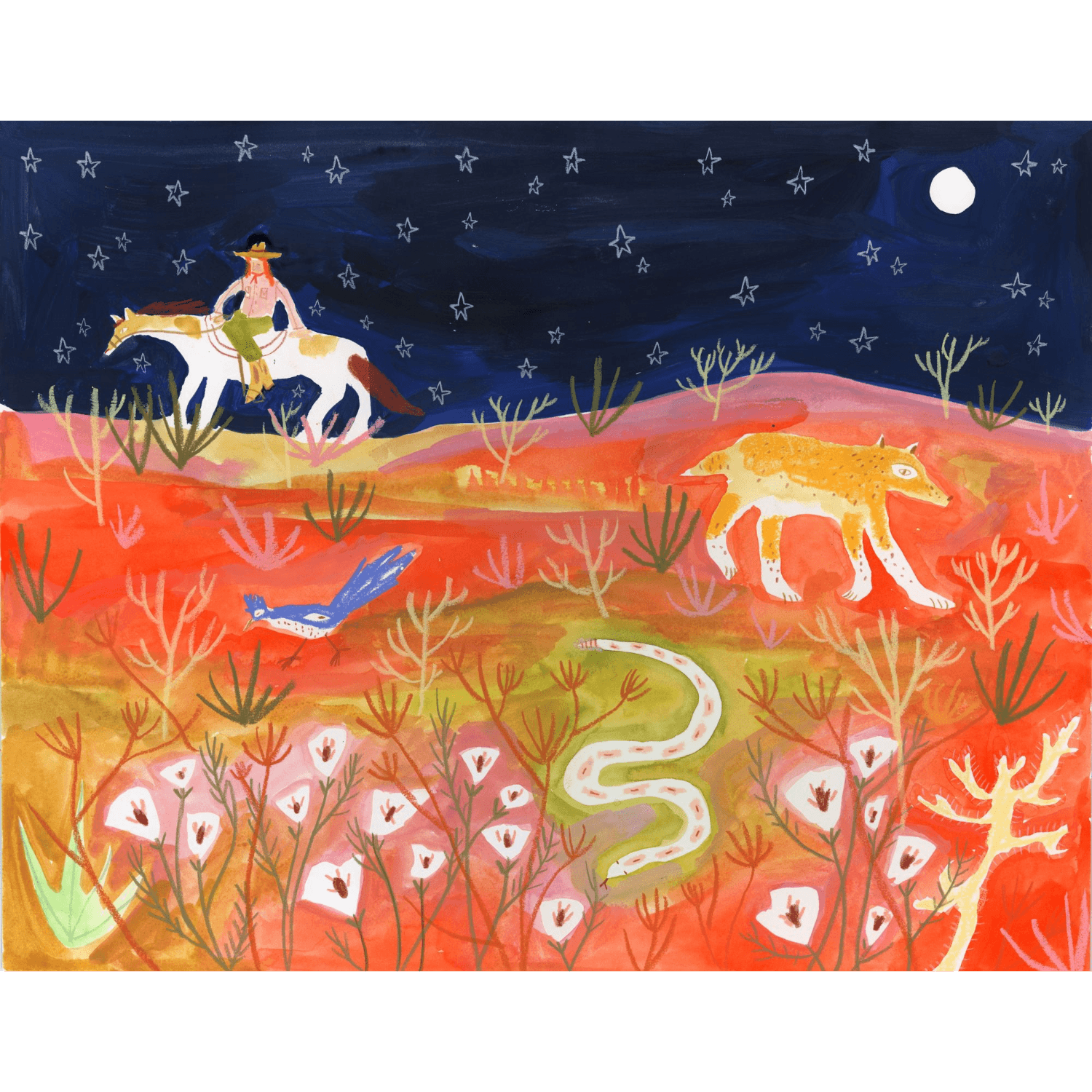 Colorful illustration of a cowgirl on horseback with a wolf and snake in a night-time desert landscape. The sky is a dark blue with stars and a full moon.