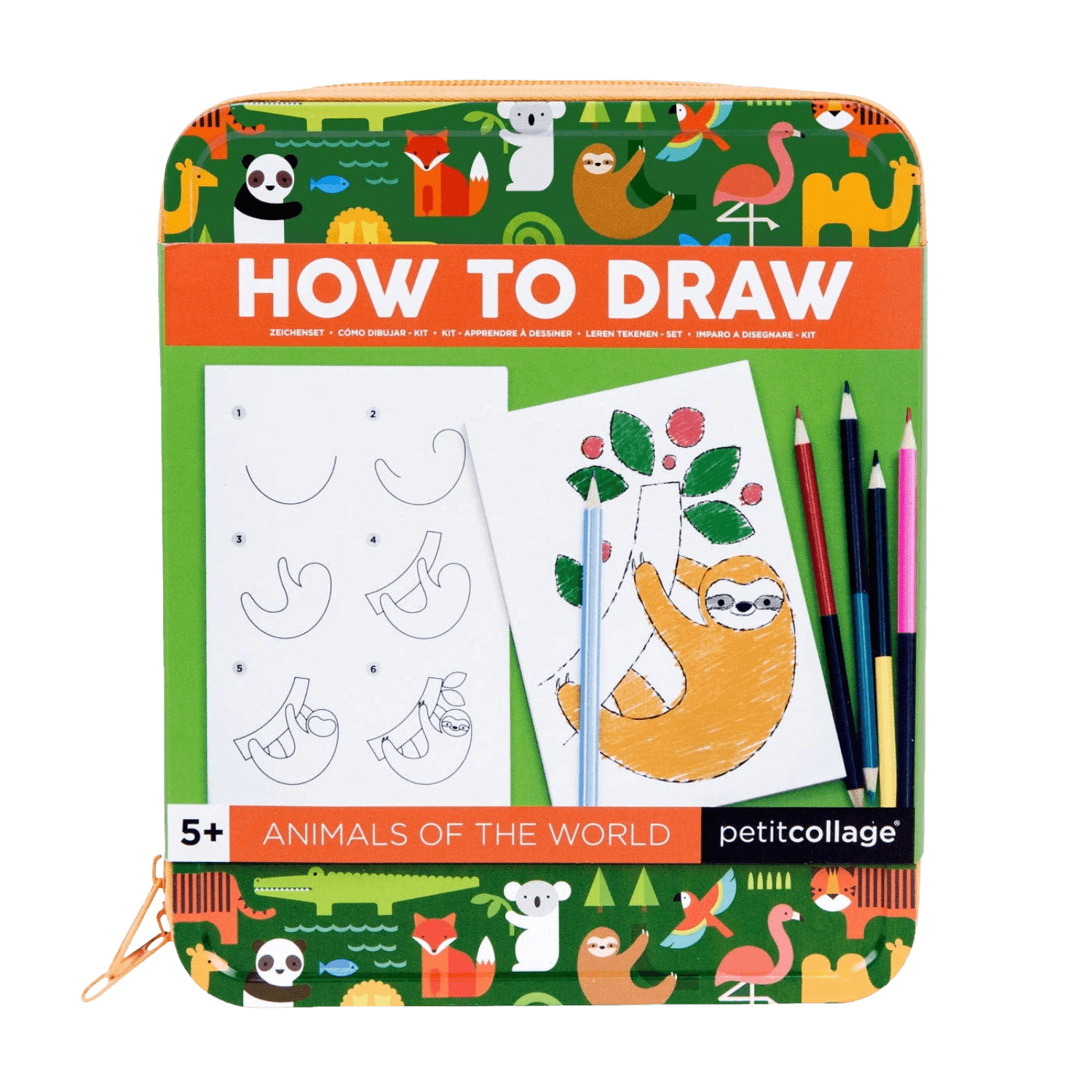 Petit collage 'How to Draw Animals of the World' book with illustrations and drawing guide on a green background.