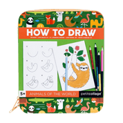Petit collage 'How to Draw Animals of the World' book with illustrations and drawing guide on a green background.