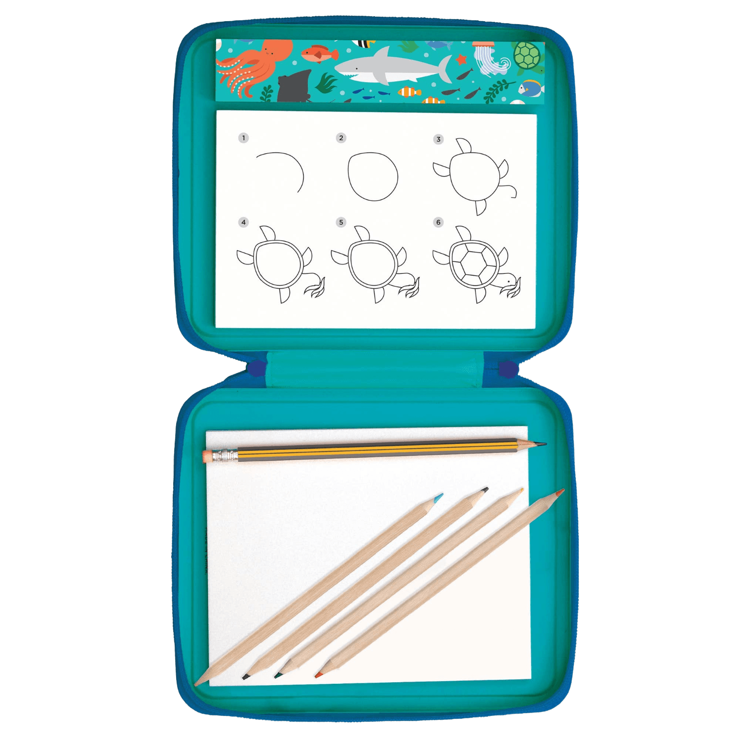 Open teal case with drawing guide and pencils.