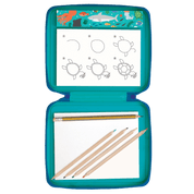 Open teal case with drawing guide and pencils.