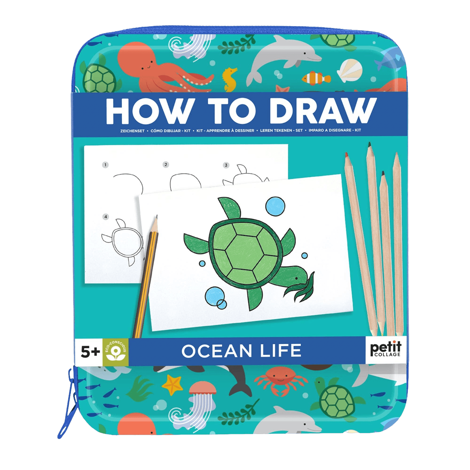 Drawing book titled 'How to Draw Ocean Life' with illustrations and pencils.