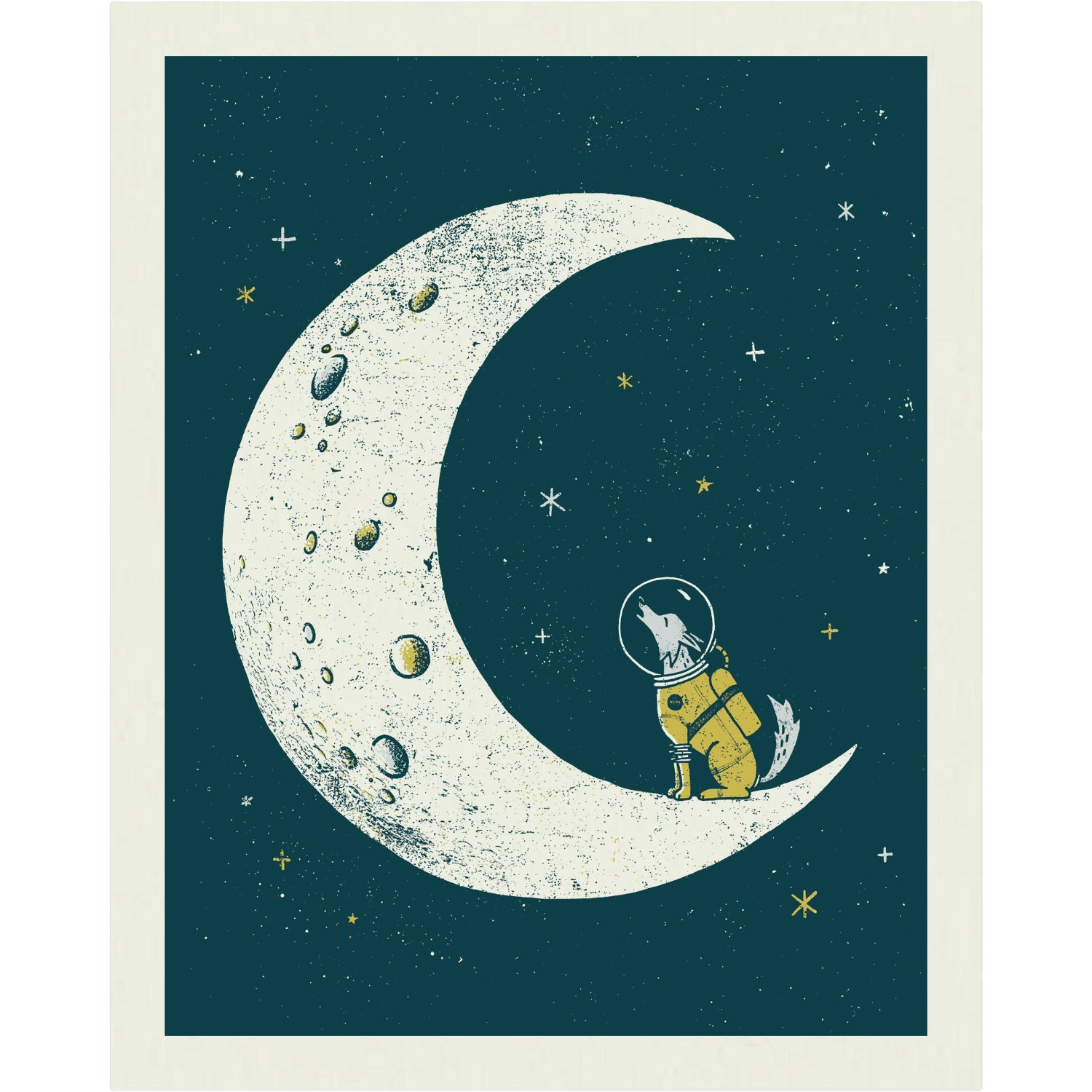 An art print featuring a whimsical space scene with a large cream-colored crescent moon, a small yellow astronaut dog sitting on the right side inside the moon, and a dark teal starry sky background. The print is framed by a light cream border.
