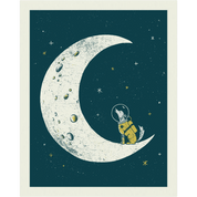 An art print featuring a whimsical space scene with a large cream-colored crescent moon, a small yellow astronaut dog sitting on the right side inside the moon, and a dark teal starry sky background. The print is framed by a light cream border.