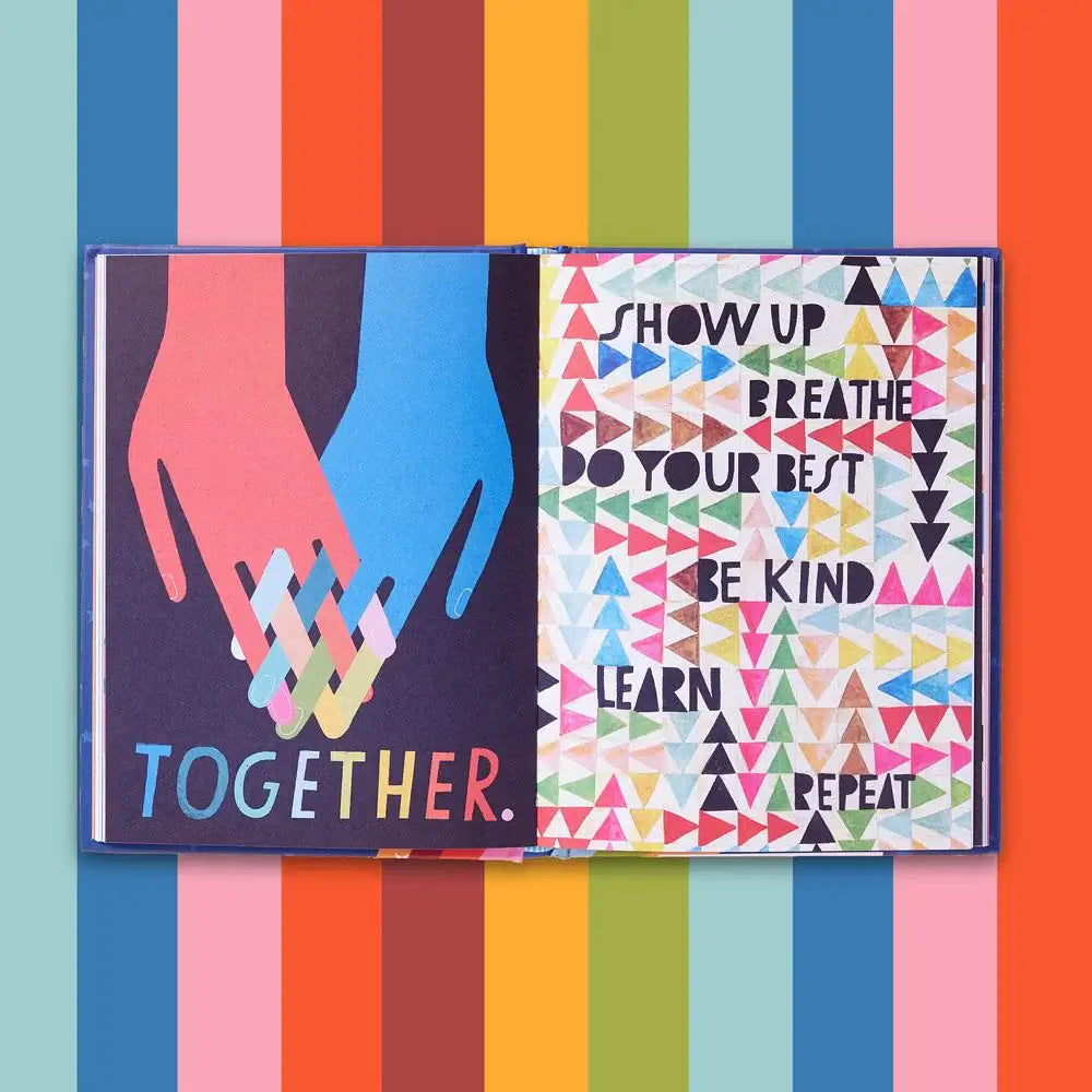 Two motivational posters on a colorful striped background