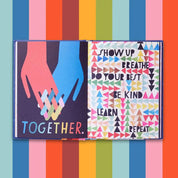 Two motivational posters on a colorful striped background