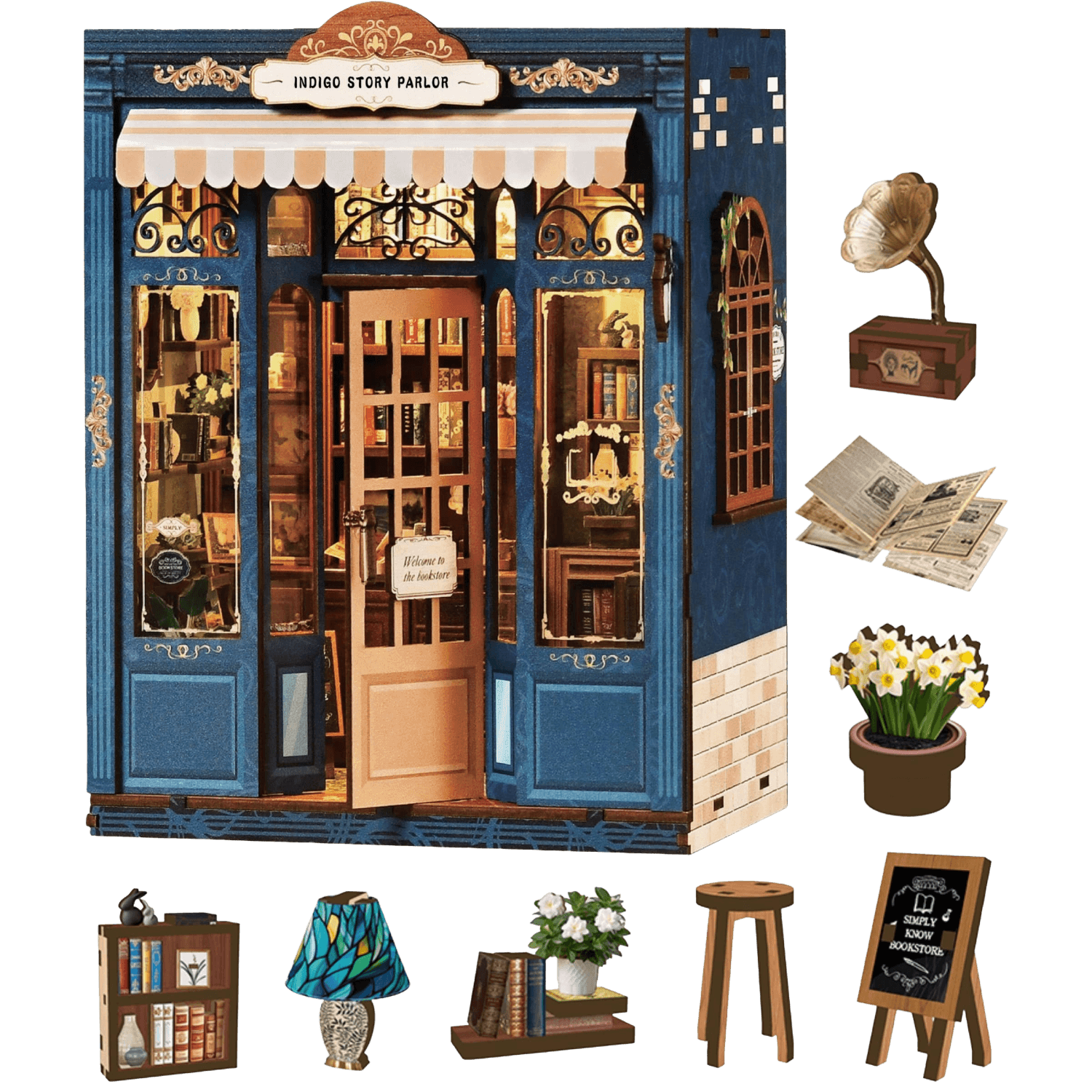 Indigo Story Parlor model with various miniature items.