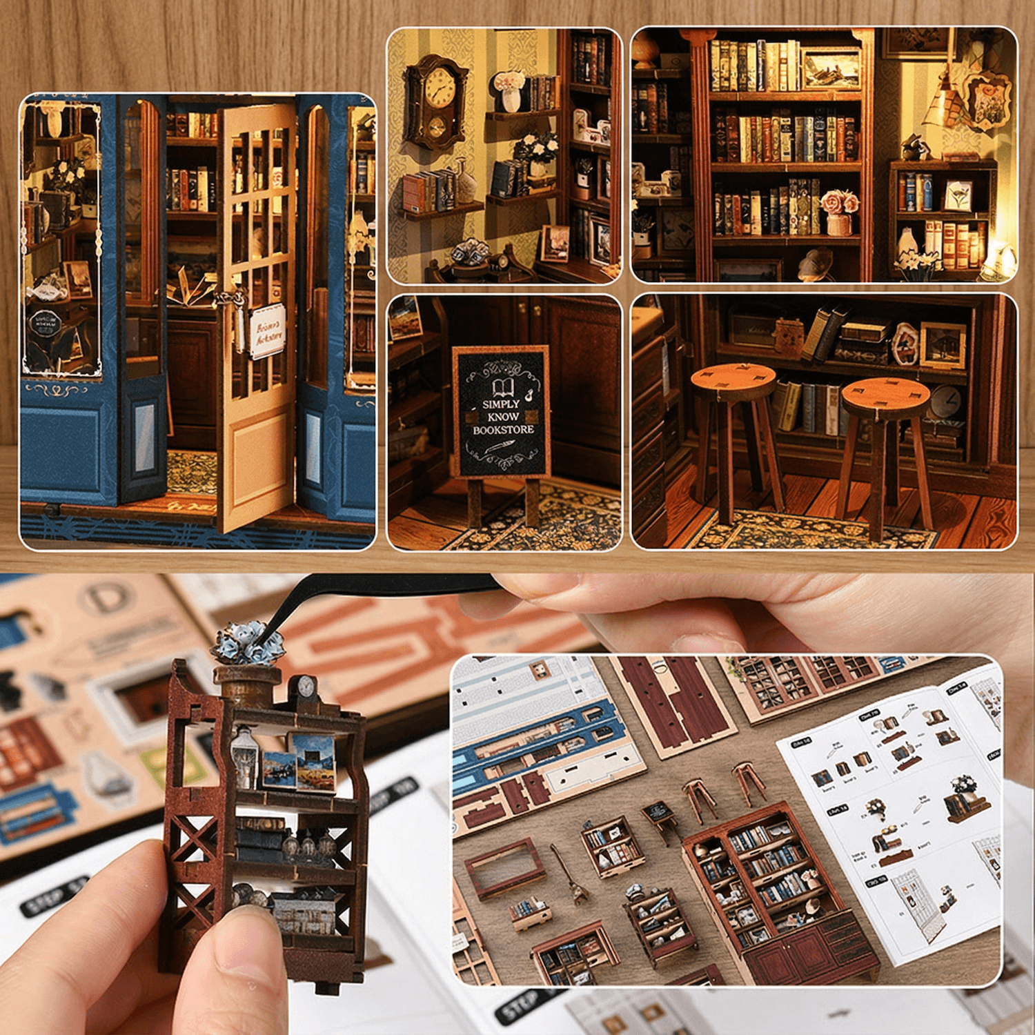 Collage of a miniature bookshelf model kit with detailed components and assembly instructions.