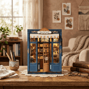 Miniature bookshelf model on a wooden table with a cozy room background