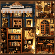 Collage of a miniature bookshop with shelves, books, and decorative elements.