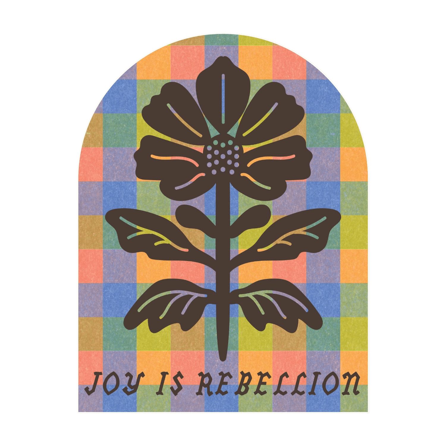 Decorative design with a flower and 'Joy is Rebellion' text on a colorful checkered background