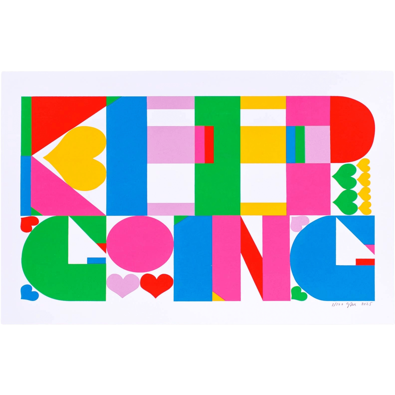 Colorful abstract design with geometric shapes and text on a white background