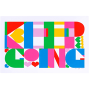 Colorful abstract design with geometric shapes and text on a white background