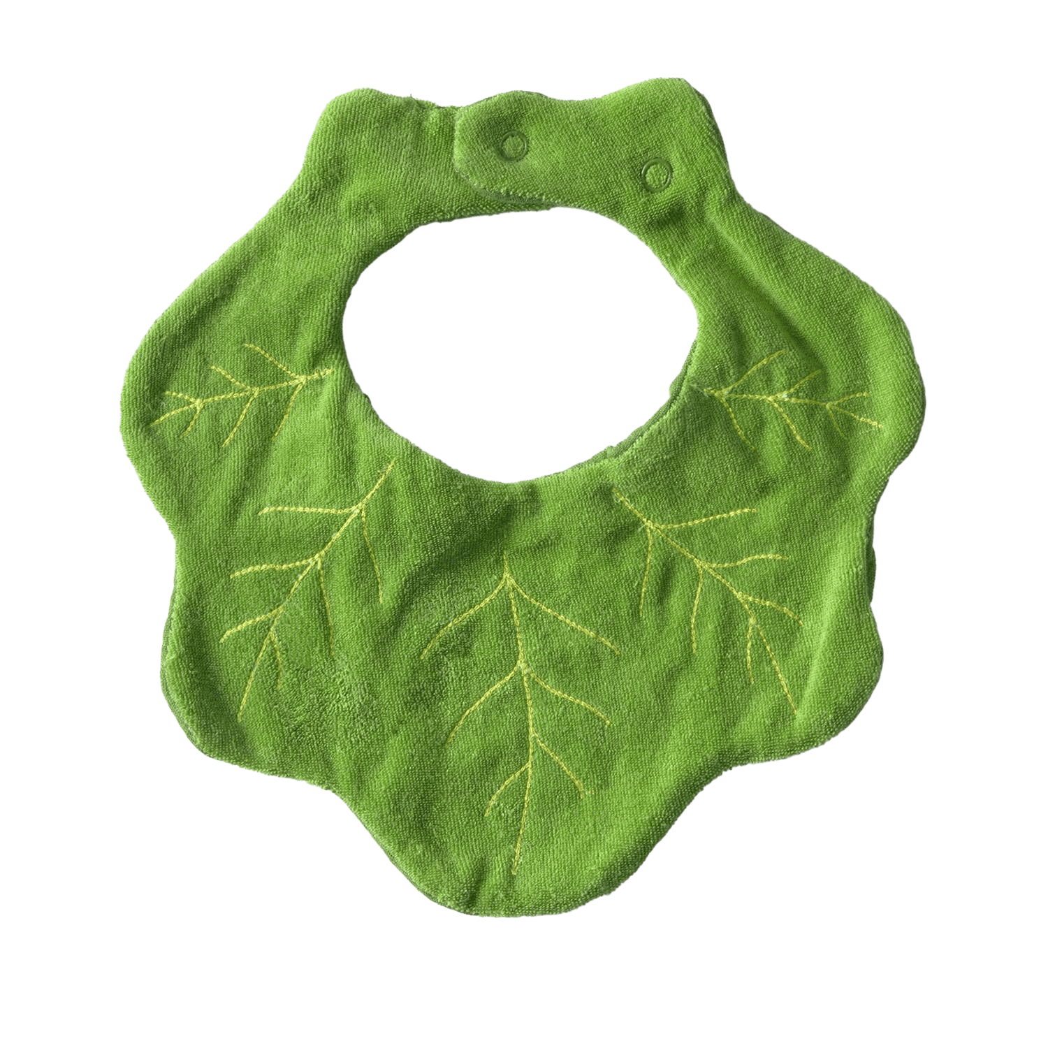 Green leaf-shaped bib with embroidered details.