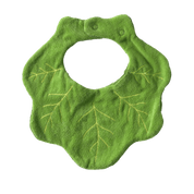 Green leaf-shaped bib with embroidered details.