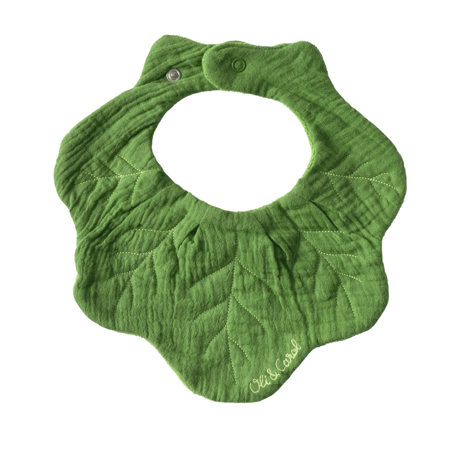 Green leaf-shaped bib with a brand name.