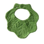 Green leaf-shaped bib with a brand name.