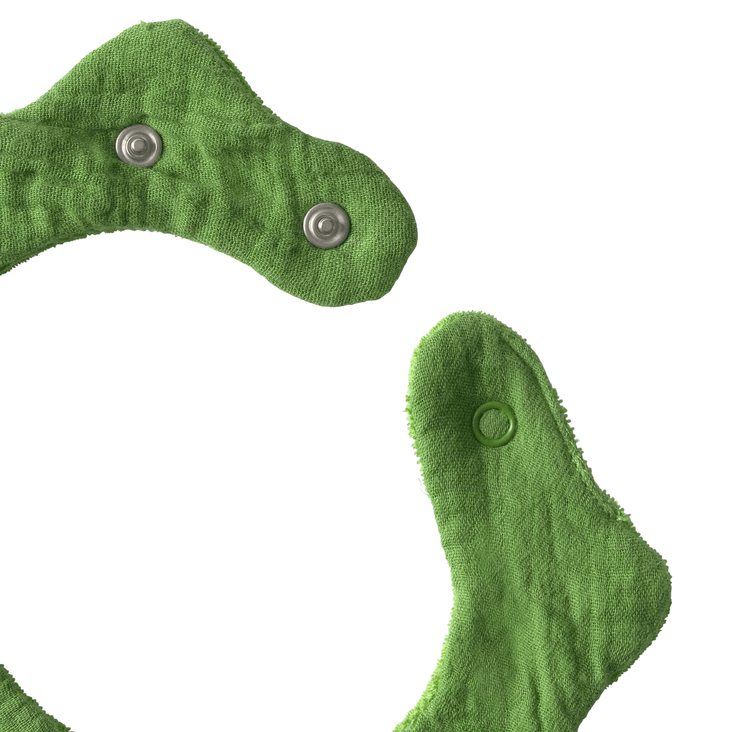 Green fabric bib with snap closures.