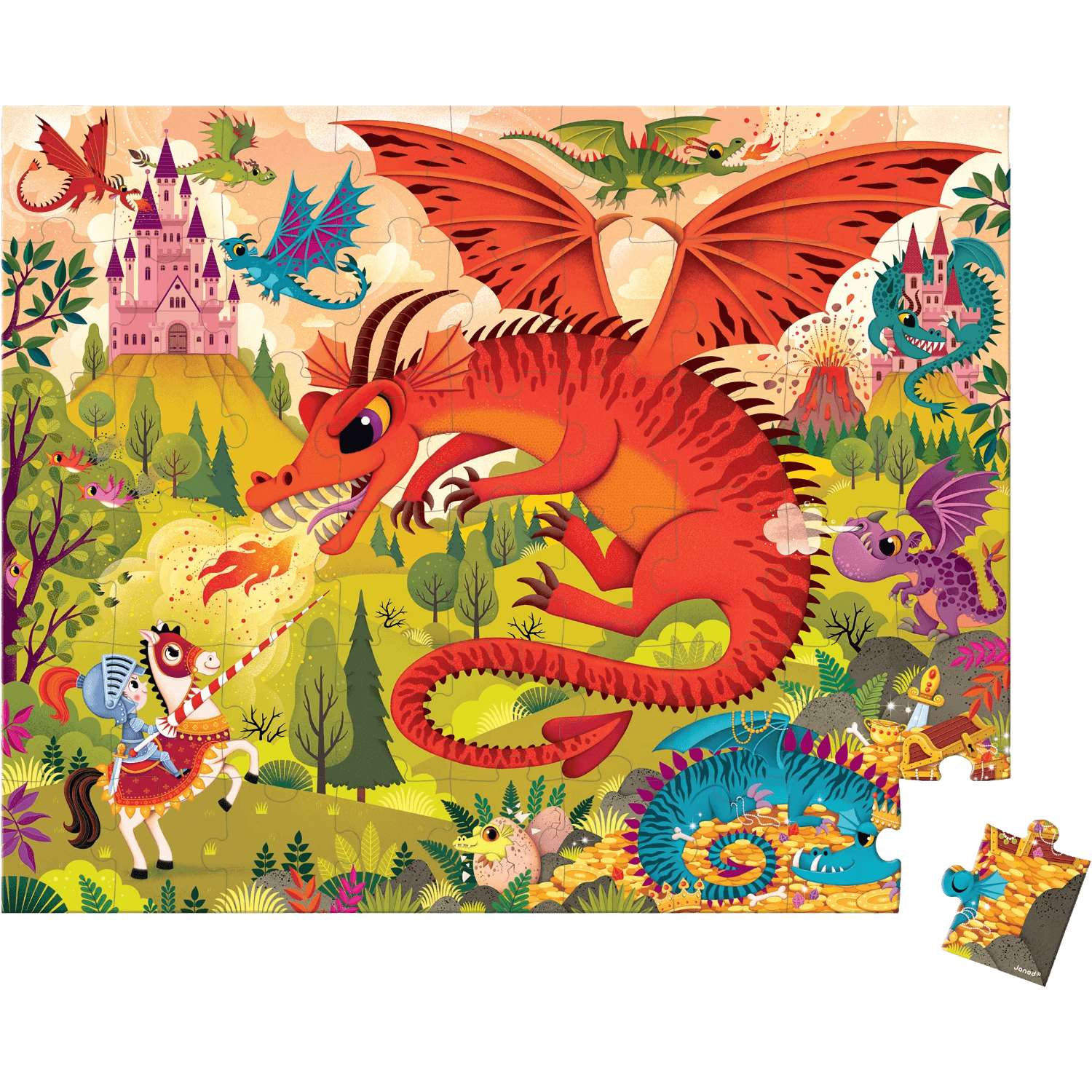 Colorful dragon puzzle with one piece missing.