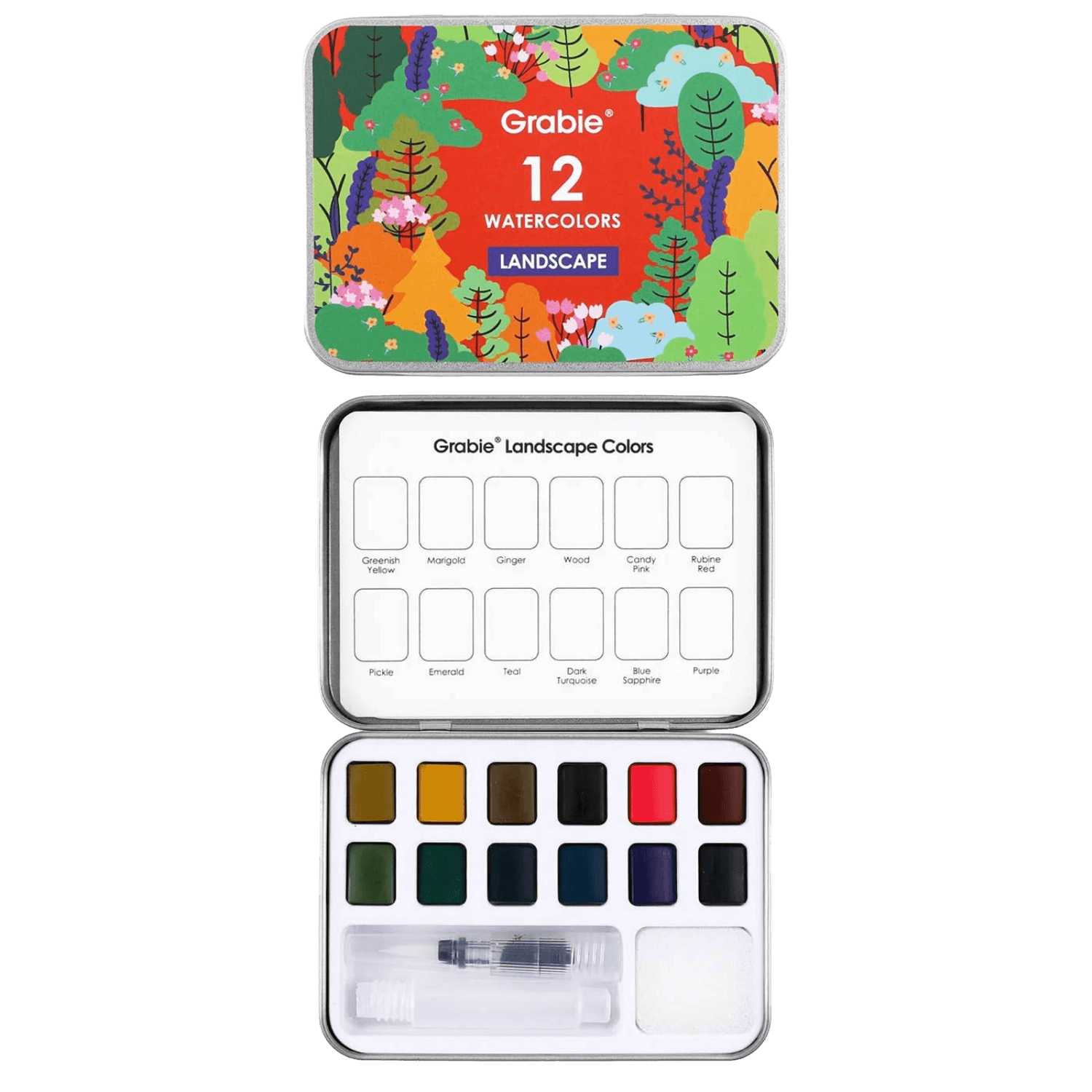Grabie 12 watercolor landscape set with colorful lid design