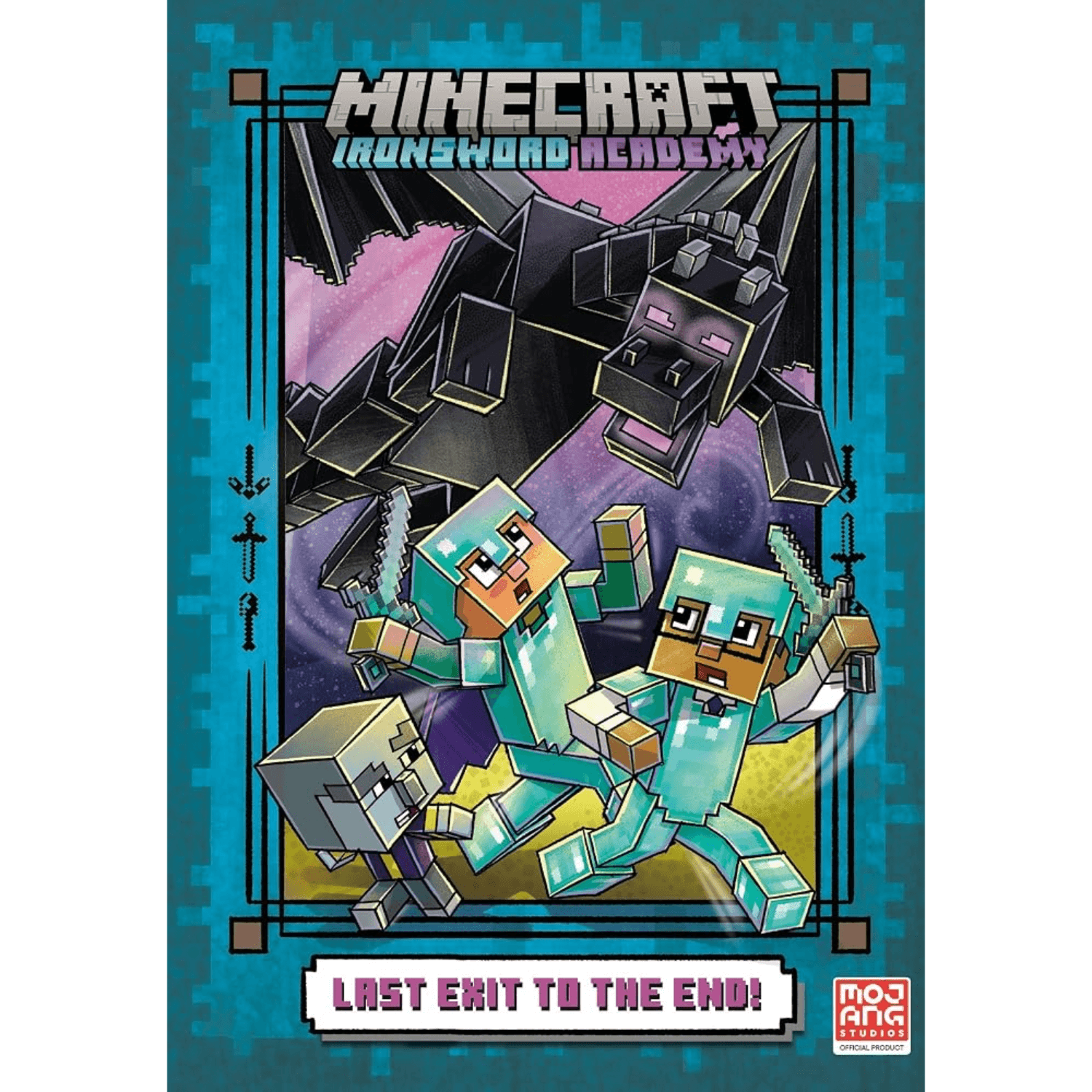 Minecraft: Ironwood Academy book cover featuring blocky characters in front of a large black creature, with the title at the top and a red Mojang Games logo at the bottom right.