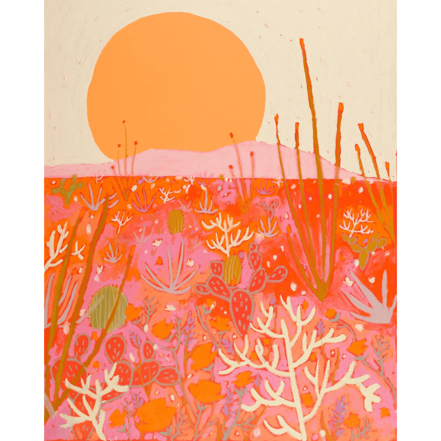 Artistic depiction of the desert with a stylized sun above, using a limited color palette of oranges, reds, and pinks.