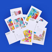 Set of colorful postcards on a blue background