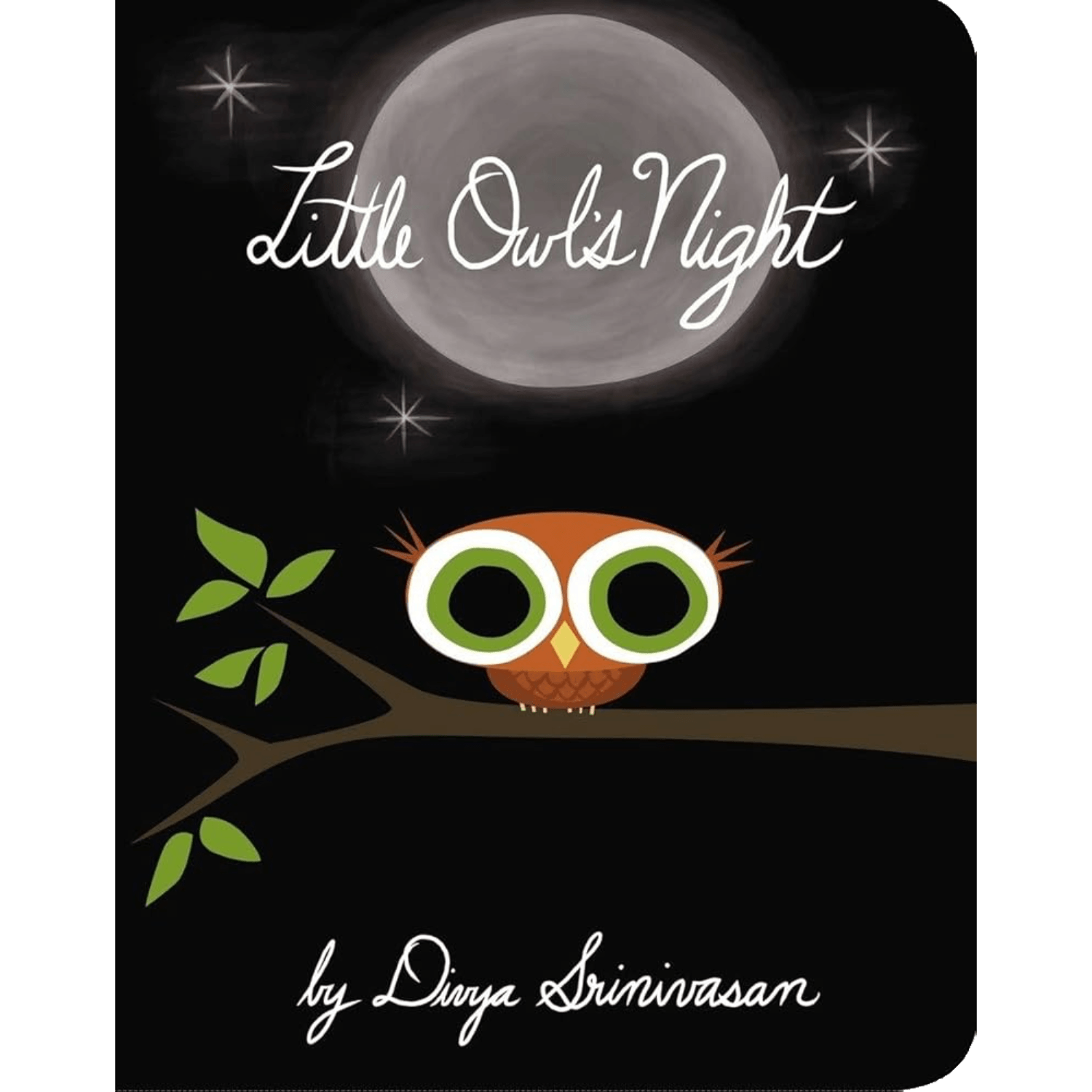 Children's book cover for 'Little Owls Night' by Dinya Shrinivasan, featuring an illustration of an owl on a branch under a full moon.