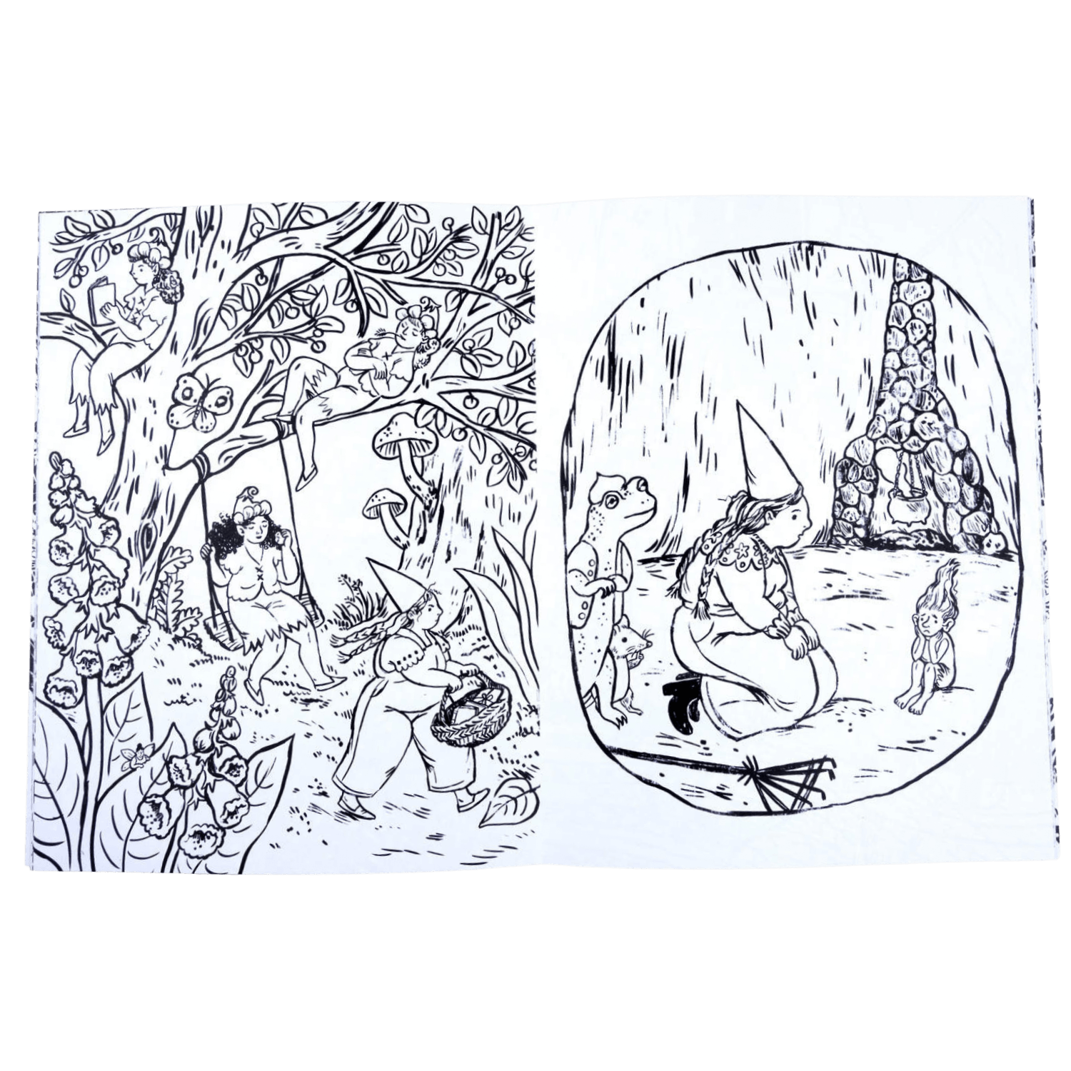 Illustrated black and white fairy tale scene with characters in a forest and a circular inset.