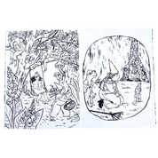 Illustrated black and white fairy tale scene with characters in a forest and a circular inset.