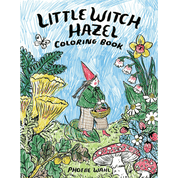 Book cover of 'Little Witch Hazel Coloring Book' with a witch in the center. She is wearing a red hat and green jacket with two braids in her hair. There is grass below her feet, and flowers and mushrooms surrounding her. With a hand drawn blue background. 