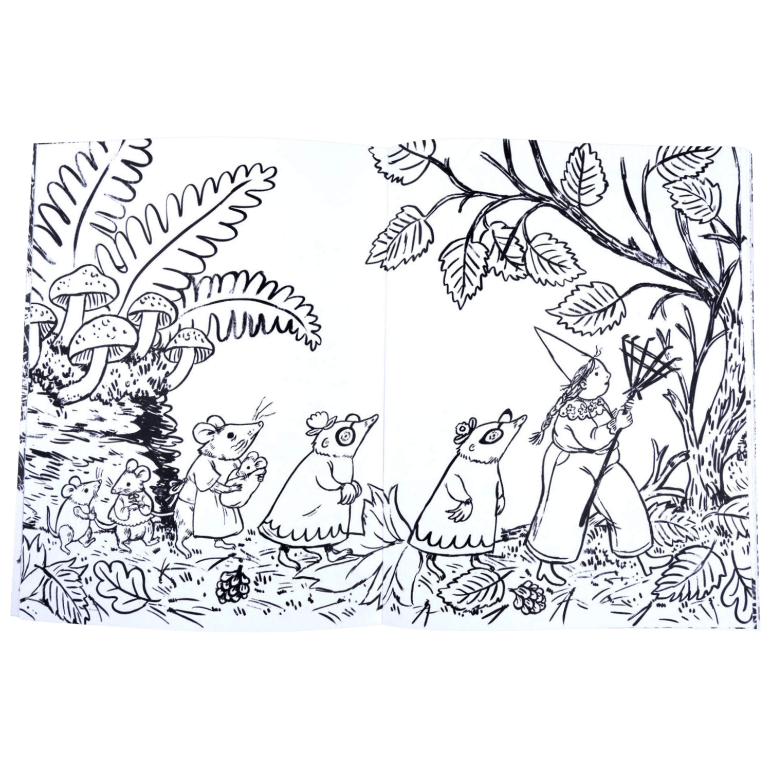 Black and white Illustration of mice and a witch in a forest setting with leaves and mushrooms.