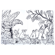 Black and white Illustration of mice and a witch in a forest setting with leaves and mushrooms.