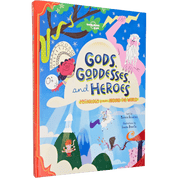 Book titled 'Gods, Goddesses and Heroes' with colorful illustrations on a blue background