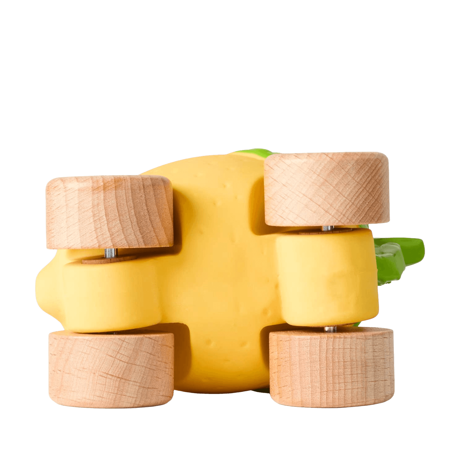 The bottom of a yellow toy lemon with wooden wheels