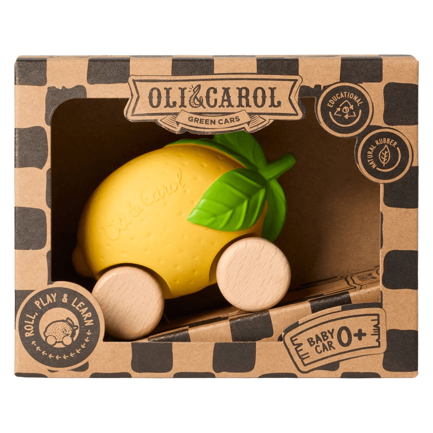 Yellow toy car shaped like a lemon with a green leaf in a cardboard box branded 'Oli & Carol'.