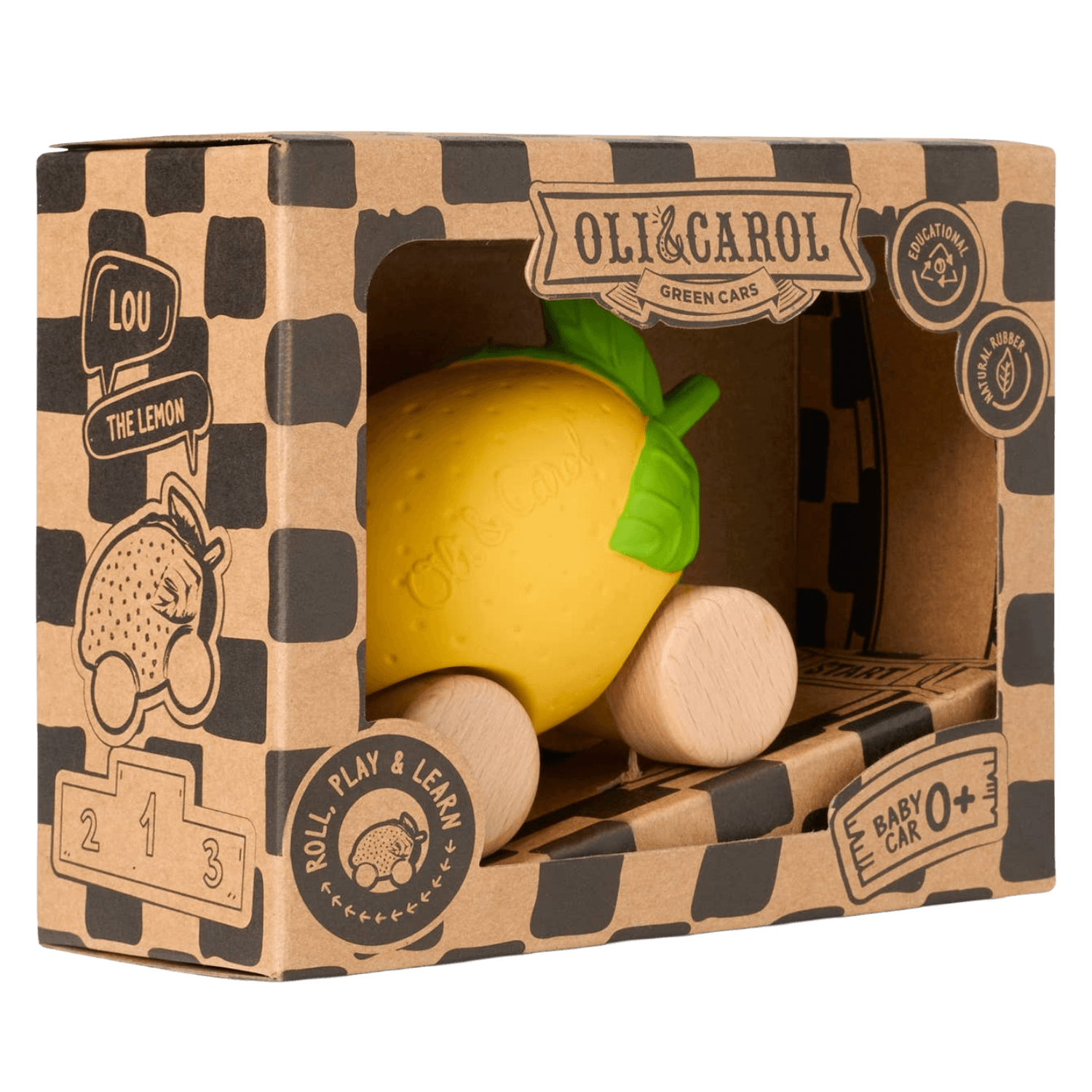 Toy lemon with green stem in a cardboard box branded 'Oli & Carol'.