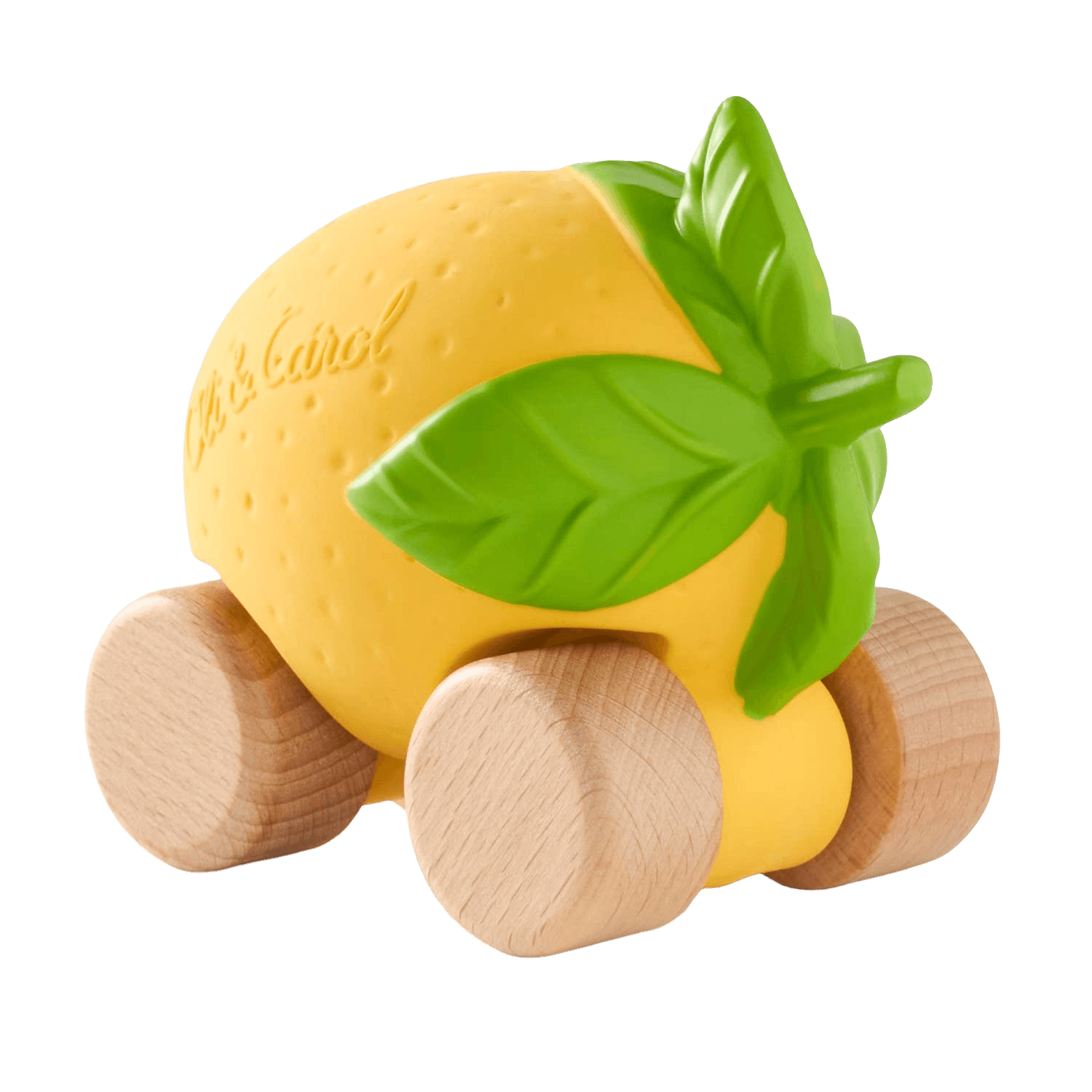 The back of a toy lemon with wooden wheels.