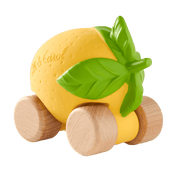 The back of a toy lemon with wooden wheels.