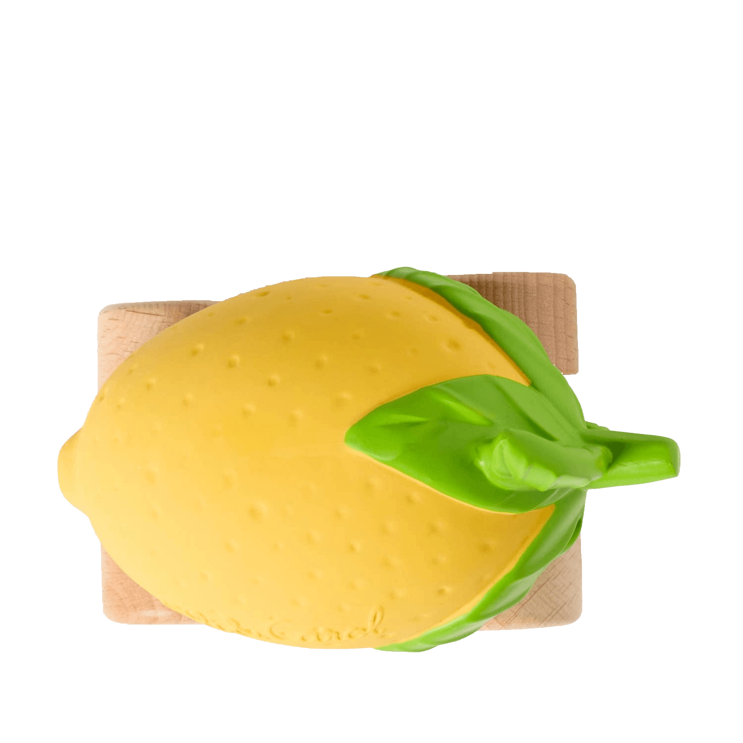 The top of a yellow lemon with green leaves and wooden wheels