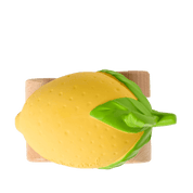 The top of a yellow lemon with green leaves and wooden wheels